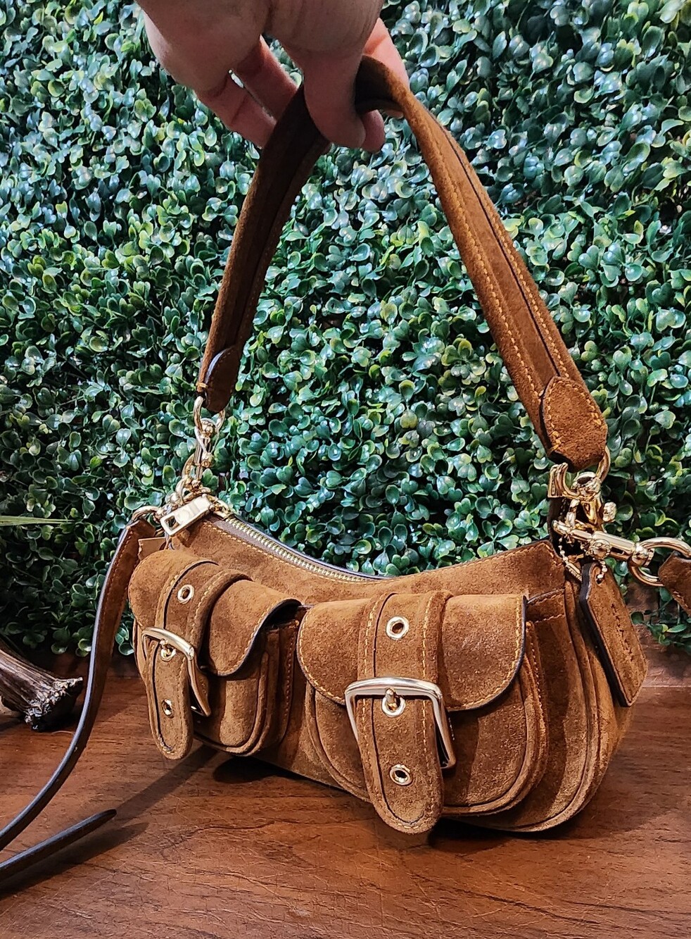 Coach  Ashly Tan Suede Multi-Pocket Shoulder Bag